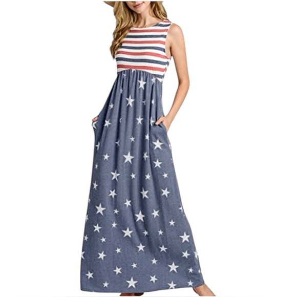 Merokeety Dresses & Skirts - MEROKEETY Summer Striped, stars Sleeveless Crew Neck Long Maxi Dress, Pockets
